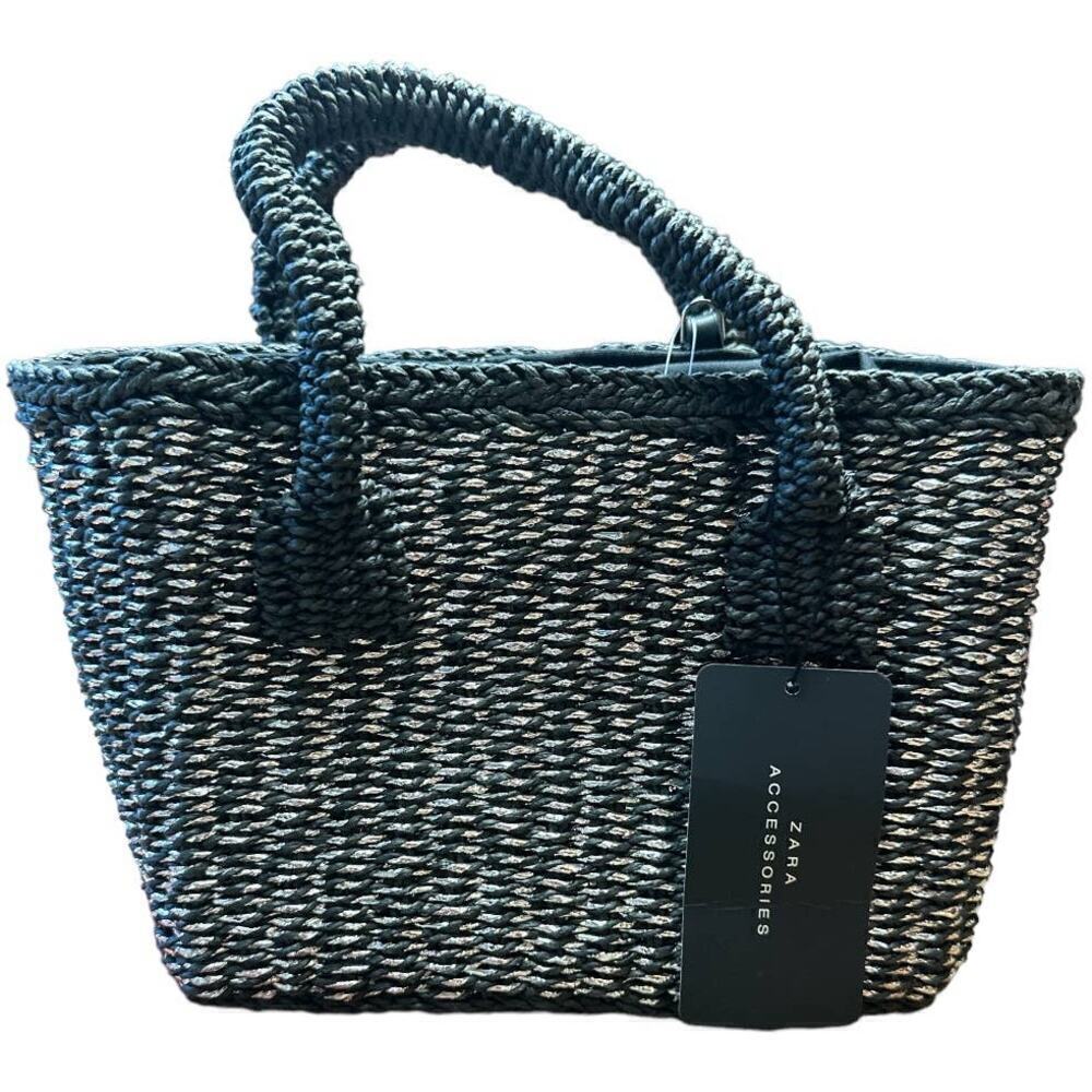 Zara Black Silver Straw Handbag With Shoulder Strap 12"x7.5"x4" NWT